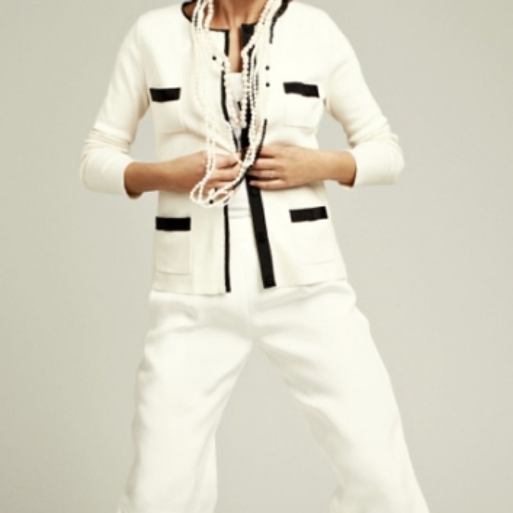 Winser London Elegant White Sweater/Jacket with Navy Accents. Preppy. Nautical.